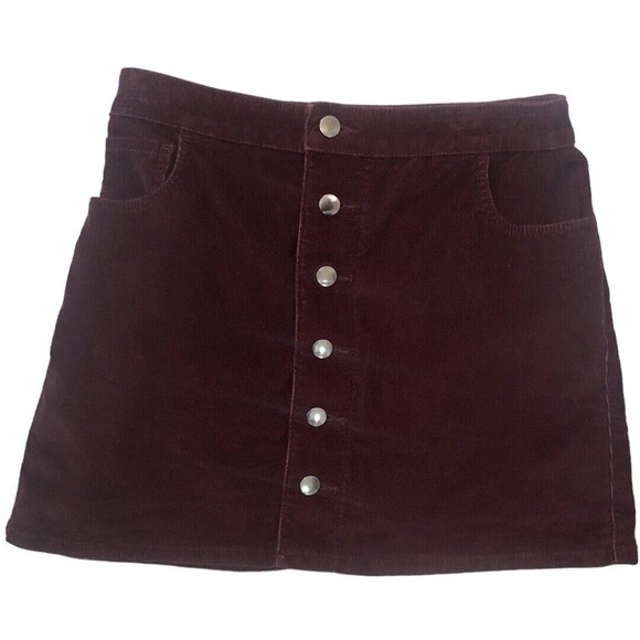 Express Women’s Corduroy Mini Skirt Size 4 / 27 Burgundy Button Front Casual - Picture 2 of 5